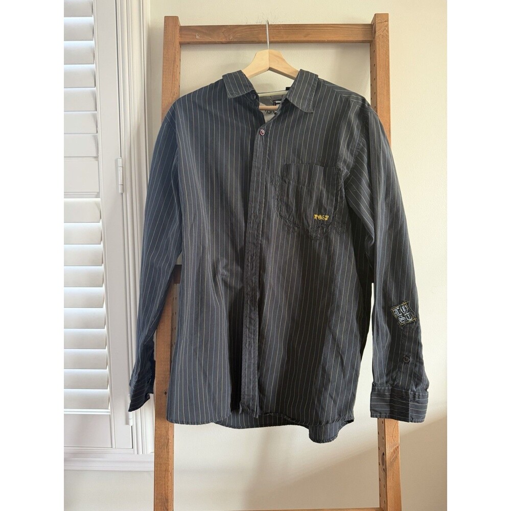 Y2K Lost Enterprises Pinstripe Button Up Shirt Mens L Black Embroidered Skate